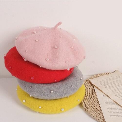 Spring Baby Girl Hats Autumn Kids Vintage Rivet Pearl Berets For Baby Girl Fall Fashion Children Wool Solid Color Caps