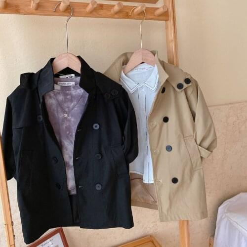 Childrens Windbreaker 2021 Spring New Childrens Boys and Girls Mid-length Hooded Windbreaker Baby Double-breasted Jacket Coats