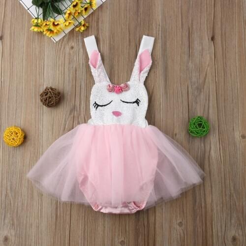 2020 New Fashion Infant Kids Baby Girls Easter Romper Dress Sequin Rabbit Print Lace Patchwork Sleeveless Jumpsuits Bunny Dress