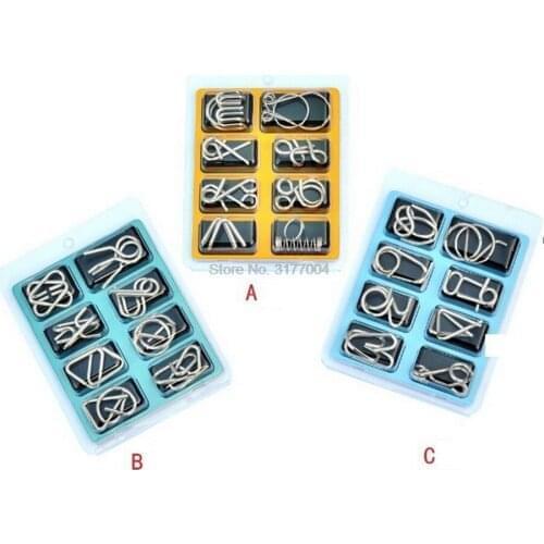 DHL 100set 8pcs/Set Metal Wire Puzzle IQ Mind Brain Teaser Puzzles Game Adults Kid Montessori Early Educational Toys