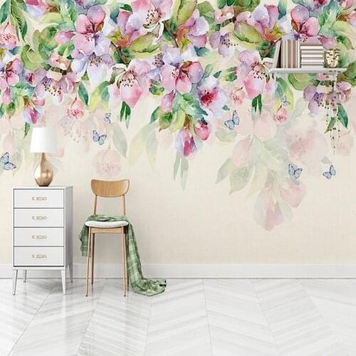 Custom Mural Hand Painted Romantic Watercolor Pink Flower Green Leaf Photo Wall Papers Home Decor Living Room Bedroom Wallpaper