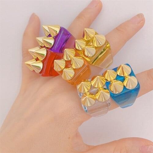 Luxury Punk Acrylic Ring Golden Exaggerate Geometric Design Unisex Finger Jewelry Accessory Statement Colorful Resin Ring Gothic