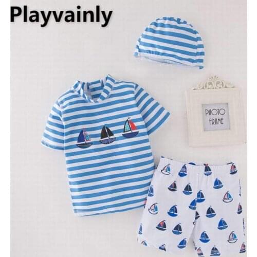 Baby Girls Swimming Wear Stripe sailing short sleeve swimsuit + shorts +Hat 3pcs suit Children Fashion Swimwear E71176