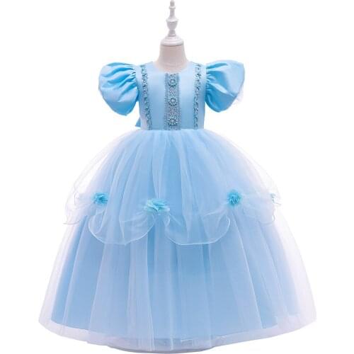 Girls Summer Dress for 3-10Years Blue Puff Sleeve Princess Dress Birthday Party Wedding Evening Dress Boutique Children Clothing