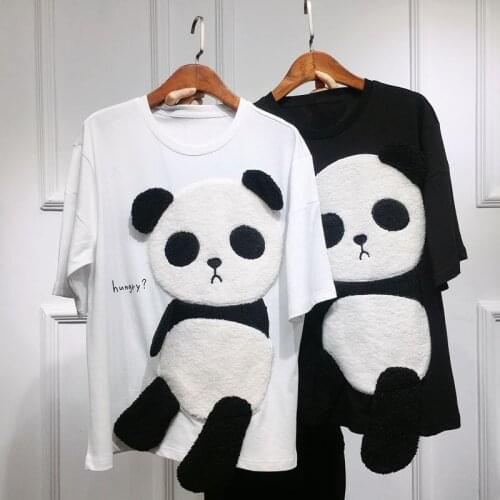 2021 Summer Newest Panda Cartoon Pattern Cotton Short Sleeve T-Shirt Womens Loose Student Embroidered Top