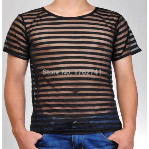 Sexy Men Mesh Stripe Vest Male Shirt Undershirts See Through Underwear
