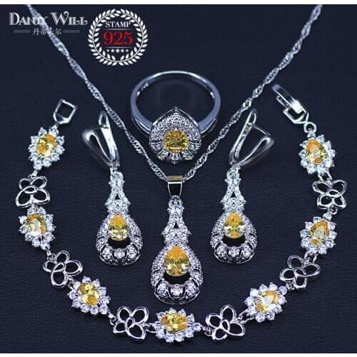 Pretty Christmas Gift For Women Sparking Yelllow silver color Jewelry Pendants Drop earrings ring necklace bracelets Sets