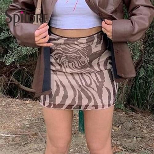 Spifore Zebra Print Vintage Mini Skirts Brown Mesh Tie Dye Femme Sexy Bodycon High Waist Y2K Woman Skirts 90s