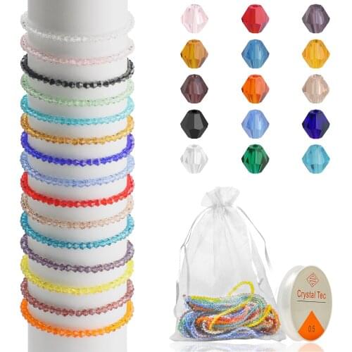 15Colors 3MM Glass Bicone Beads 1950pcs/bag For DIY Making Crystal Jewelry With 1Roll 0.5mm Transparent Elastic Line 10meters