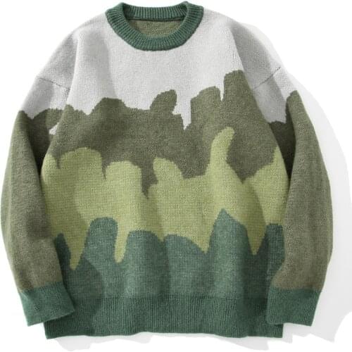 Harajuku Sweater Pullovers Men Gradient Striped Jacquard Knitted Sweater Hip Hop Retro Camouflage Print Streetwear Sweatshirts