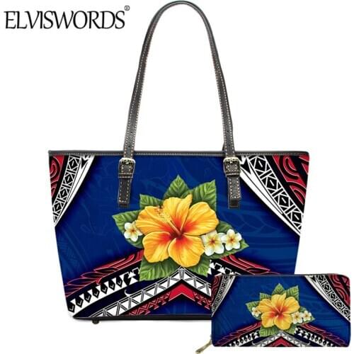 ELVISWORDS Hawaiian Hibiscus Print Womens Casual Shoulder Handbag Ladies Fashion 2pcs/Set Samoan Tribal Pattern Large Tote