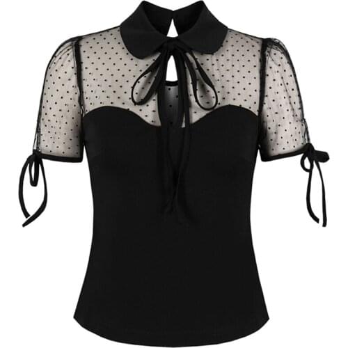 2021 Peter Pan Collar Vintage T Shirt Black Contrast Mesh Short Sleeve Tees Women Keyhole Back Blouses Summer Clothes