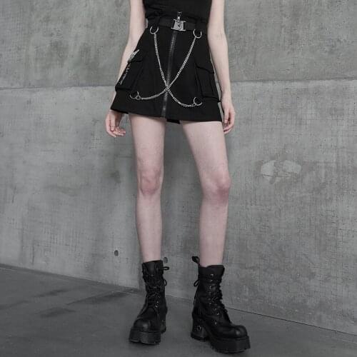 PUNKRAVE Womens Heavy Industry Punk Chain Skirt Personality Handsome A-line High Waist Skirts