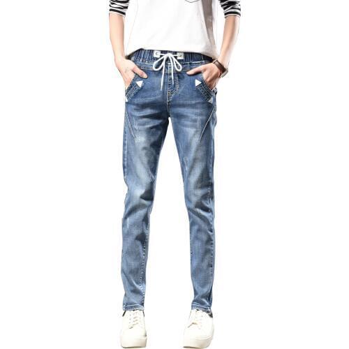 Womens jeans girls fashion trousers black Jeans Elastic Waistband woman full loose denim pants boyfriends Cheap wholesale