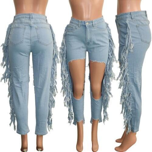 2020 Sexy Ripped Holes Hollow Out Fringe Jeans Womens Streetwear High Waist Washed Distressed Tassel Denim Pants Trousers