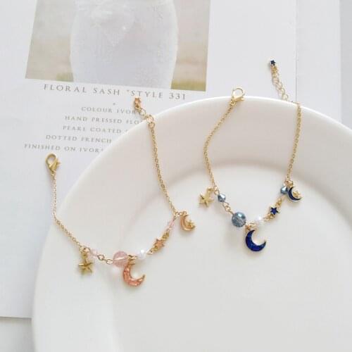 Sweet Girls Enamel Pink Blue Moon Star Charm Bracelet Gold Color Chain Bracelet Adjustable Pearl Bracelet Jewelry For Women Gift