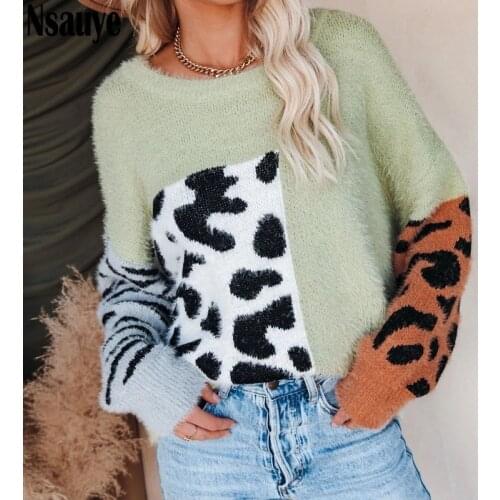 Nsauye Y2K 2021 Winter Faux Mink Sweater Pullover Fashion Leopard Long Sleeve Knitted Loose Jumper Tops Winter Clothes Women