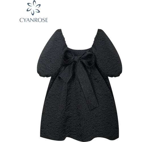 Women Dress 2021 New Summer Vintage Elegant Temperament Ball Gown Puff Sleeve High Waist Backless Black Puffy Short Lady Dress