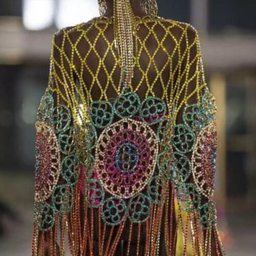 Gold luxury rhinestone body chain dress fashion catwalk costume jewelry for women advanced custom clothing crystal tassel chain