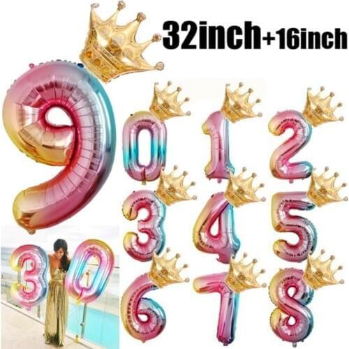 2pc 40inch Gradient Color Number With Crown Foil Balloons Happy Birthday Party Decorations Kids Babyshower Gender Reveal Gift