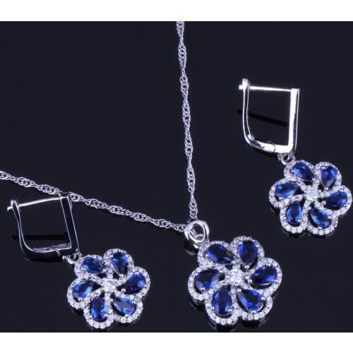 Valuable Blue Cubic Zirconia White CZ Silver Plated Jewelry Sets Earrings Pendant Chain V0018