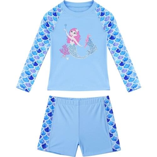 Kids Girls Swimwear 2Pcs Long Sleeves Mermaid Princess Top with Swim Shorts Swimming Bathing Set Girls Rash Guard Swimsuit