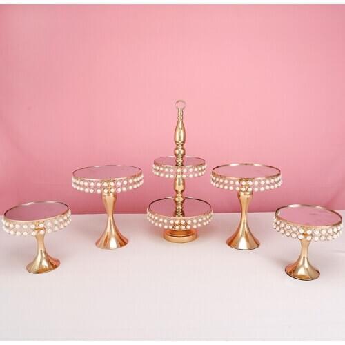 1-7pcs Gold Round Metal Cake Stand Set 2tier Fruit trayCupcake Dessert Display with peral
