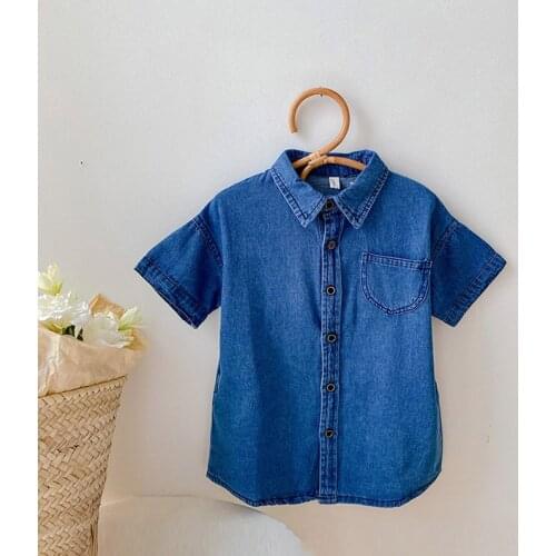 Denim Dress Short Seleeve Summer To Knee Skirts Baby Girl Shirt Dress Childrens Clothes Pocket Lapel Korea Baby Blouse Clothing
