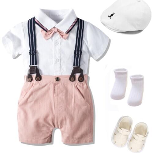Newborn Summer Clothing Set Cotton 1th Birthday Gift for Boys Infant Bow Outfit Hat + Rompers + Shorts + Belt + Shoes + Socks
