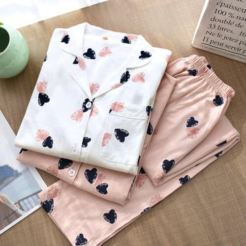 Korean New Spring and Summer Women Pajamas Knit Cotton Long Sleeve Sleepwear Set Heart Shaped Soft Loose Comfortable Home Wear