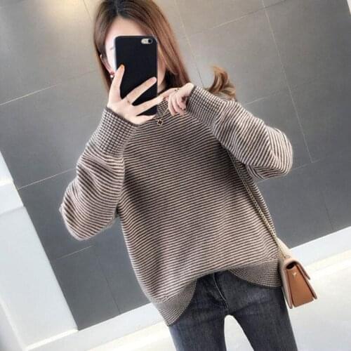 Half High Collar Color Matching Korean Fashion Women Clothing Loose Student Plus Velvet Thickening Long Sleeve Knitt Inside