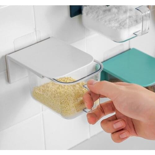 Seasoning Box Wall Mounted Pull Out Spice Jar Condiment Storage Container with Lid Spoon for Salt Sugar Pepper Chili Spice Clear