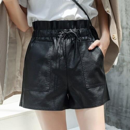 Leather Skirt 2021 Womens Autumn PU Leather Pants High Waist Leather Black Short Pants Women Shirring Pockets Bow Solid 1214