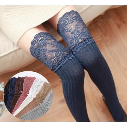 Lace Thigh High Socks Vertical Bar Pure Cotton Knee-high Socks Skid Resistance To Thigh Root Stockings Multiple Colors Available