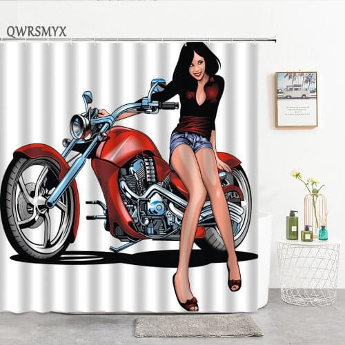 Retro Motorcycle Shower Curtains Classic Racing Car Pattern Waterproof Bathroom Curtain Extreme Sport Art Home Decor Wall Cloth
