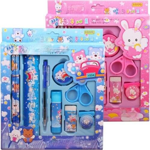 1set Cartoon Kawaii Pencil Ruler Eraser Sharpener 9 In 1 Stationery Set for Boy Girls Kids Gift School Office Supplies Gift Set