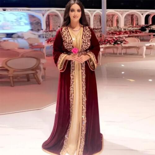 High Quality Burgundy Moroccan Kaftan Evening Gowns Appliques Islamic Party Dress Long Sleeves Custom Made Arabic Prom Dress