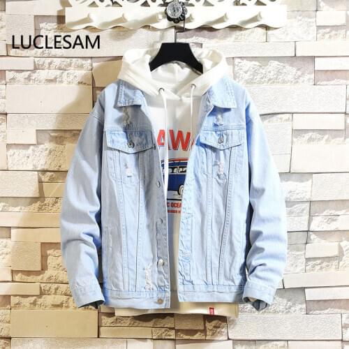 2020 Ripped Mens Jeans Jacket Destroyed Holes Male Hip Hop Loose Denim Jacket Solid Color Casual Vintage Cowboy Coat Men Jaqueta