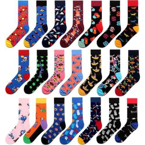 Men Socks Cartoon Clown Plane Bird Dot Dog Apple Colorful Happy Vintage Harajuku Street Hip Hop Funny Casual Skate Cotton Socks