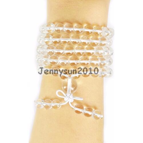 Natural Clear Crystal Quar 8mm Gems Stone Buddhist 108 Beads Prayer Mala Multi-Purpose Stretchy Bracelet Necklace 2 Strands/Pack