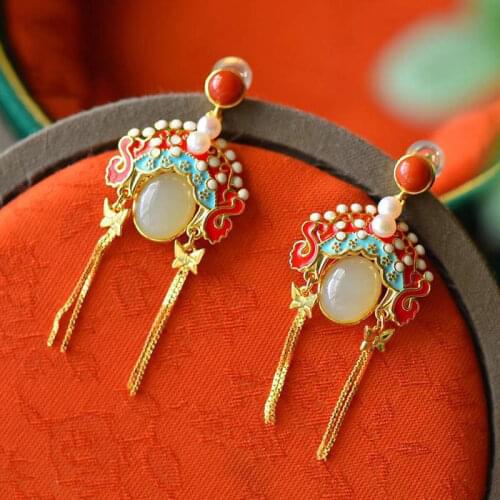 New National Fashion Lady S925 Sterling Silver Stud Earrings Gilding Enamel Hetian Jade Earrings Peking Opera Ornament
