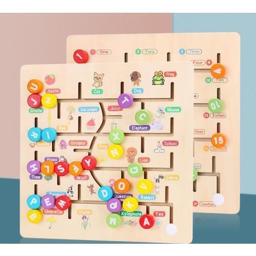Montessori Educational Wood Toys English Words Learning Maze Pairing Puzzles Baby Arabic Numerals Cognition Wooden Toys Gifts