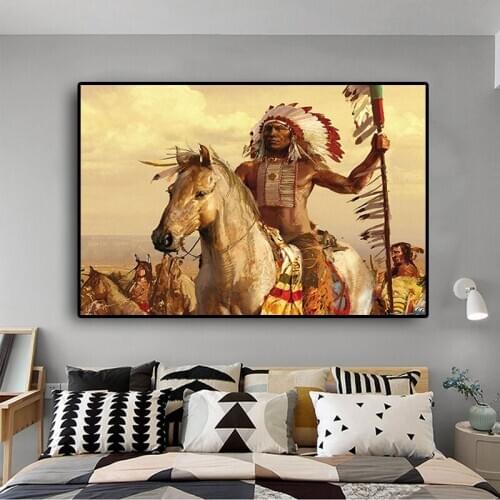 Native Indian Feathered Ride On Horse Canvas Painting Posters and Prints Wall Art Picture for Living Room Bedroom Decor Cuadros