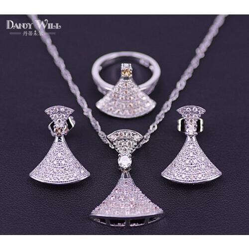 Natural Champagne Cubic Zircon Silver Color Costume Jewelry Set For Women Wedding Earrings/Pendant/Necklace/Rings