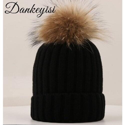 DANKEYISI Mink Fur Ball Cap Fur Pom Poms Skullies Beanies Winter Hat For Women Girl 's Hat Knitted Beanies Cap Thick Female Cap