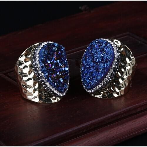 Blue Natural Rough Teardrop Raw Druzy Stone Bead Charm Pave Rhinestone Big Wide Wrap Hammered Gold Open Ring cuff Women Jewelry