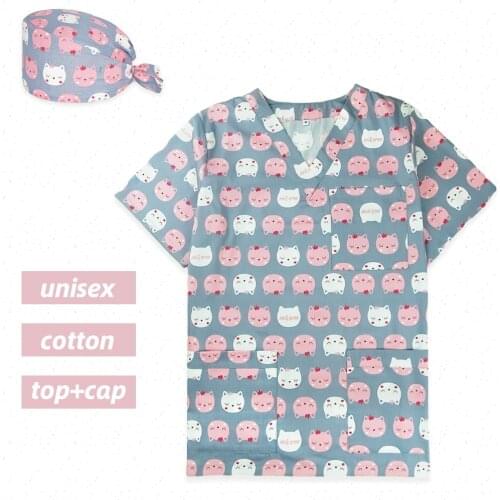 XXS-4XL Cotton Nurse Working Scrub Top Unifrom Cap Cartoon Printed Uniforms Tops Caps For surgeon,Physician