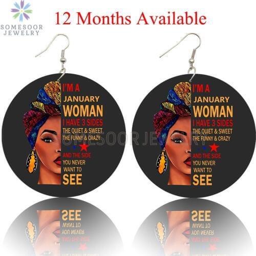 SOMESOOR Both Sides Print 12 Months Afro Headwrap Woman Hoops Black Artistic Wooden Drop Earrings Pendant Dangle For Women Gifts