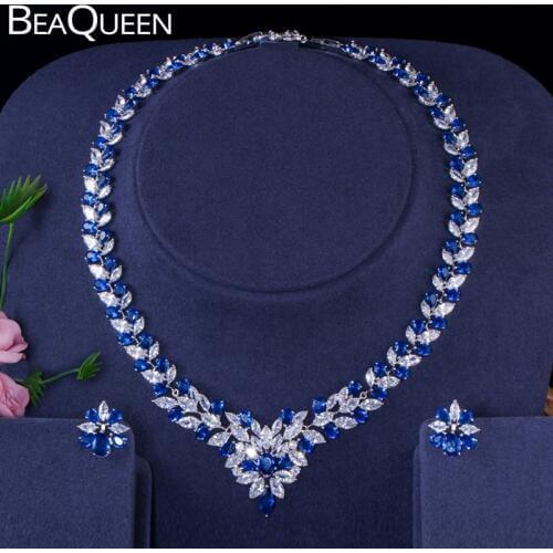 BeaQueen Brilliant Cubic Zircon Wedding Bridal Jewelry Sets Royal Blue Crystals Necklace Earrings Set Dress Accessories JS204