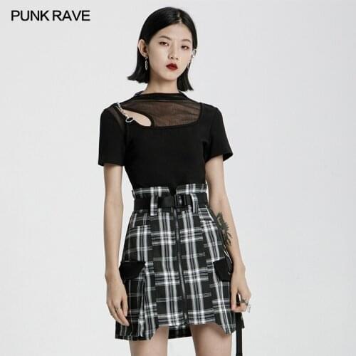PUNK RAVE Womens Punk Fake 2 Pieces Spliced Mesh Detachable Chain Slim Short T-shirt Daily Wear Hollow Black Short Top